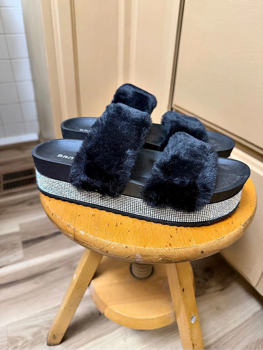 Bamboo Softy-01 Fur Slides with Stones Platform Sandals in Black